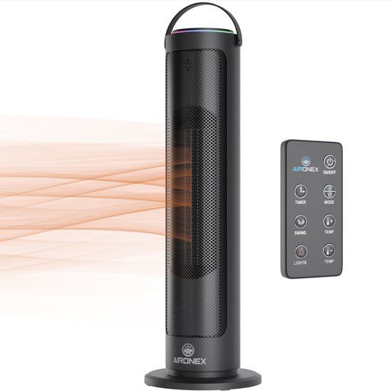 Aironex AIRH2000 Elektrische Kachel 2000 Watt - Keramische Zwarte Kachelventilator - Electrische Kachel - Heater with Remote Control and Timer Function
