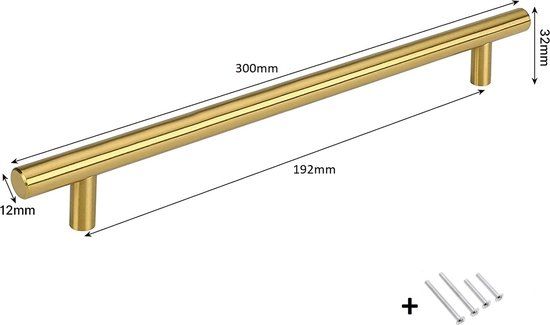 Handgreep Goud 30cm | inclusief bevestigingsbouten | Hartafstand 192mm | Gouden Handgrepen Kast | Meubelhandvat | Landelijke greep | Keukengreep | Hand Grepen | Robuust | Deurgreep Staal | Metaal | Strak Meubelbeslag | schuifdeur | Handvat