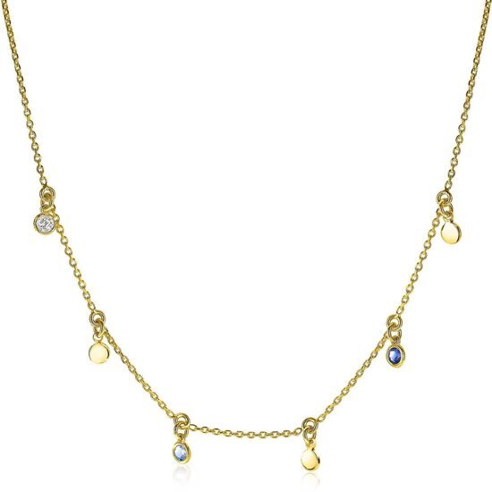 ZINZI zilveren fantasie ketting 14K geel verguld 45cm rond wit blauw ZIC1995G