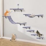 Merkloos / Sans marque Famanu Kattenklimmuurset met krabpaalhangmat, kattengrotmuur, kattenbrug, krabplank en krabpaal - 7-delig houten kattenmeubilair voor katten, catwalk (grijs)