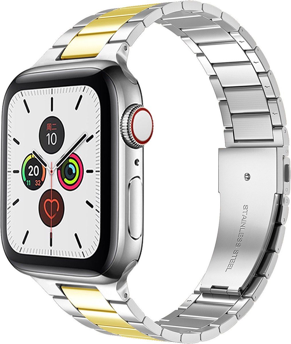 Qubix Apple Watch Band - Stainless Steel Link Band - Silver with Gold - Compatible with 38mm / 40mm / 41mm Apple Watch