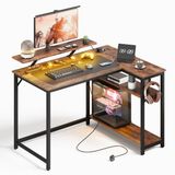 Ibenzoa® L-vormige gaming bureau met LED verlichting en oplaadpunten voor thuisgebruik