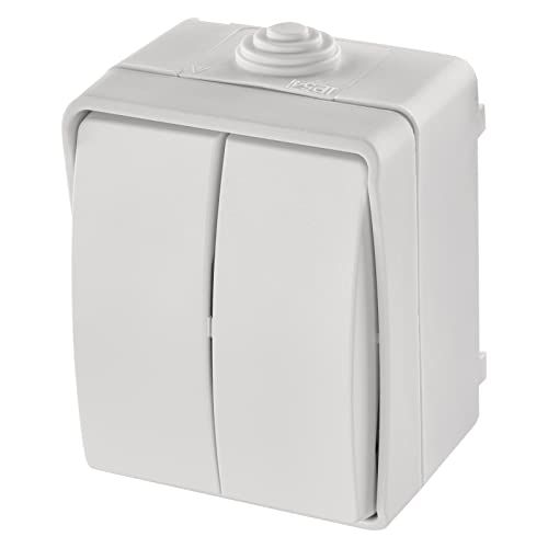 Emos Waterdichte serieschakelaar met 2 wippen, dubbele schakelaar voor verlichting, witte kleur, 250 V/10 AX, kunststof, opbouw voor wandmontage, beschermingsklasse IP54 voor buiten