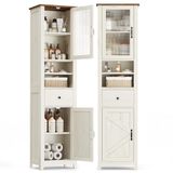 VASAGLE LIRY Collection Badkamerkast, landelijke stijl, slanke opbergkast, open vakken, 1 lade, met deuren, rustiek wit en honingbruin, 31,5 x 40 x 171 cm BBK760W101