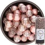 Decoris Boules de Noël - 37x pièces - 6 cm - incl. guirlande de perles - rose clair - plastique