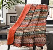 Famanu – Boho Quilt Volledige Queen Size 100% Katoen Gewatteerde Deken Kleurrijke Boheemse Gestreepte Sprei Coverlet Omkeerbare Lichtgewicht Stitch Vintage Bed Cover Gooi Deken voor Bank Bank Oranje