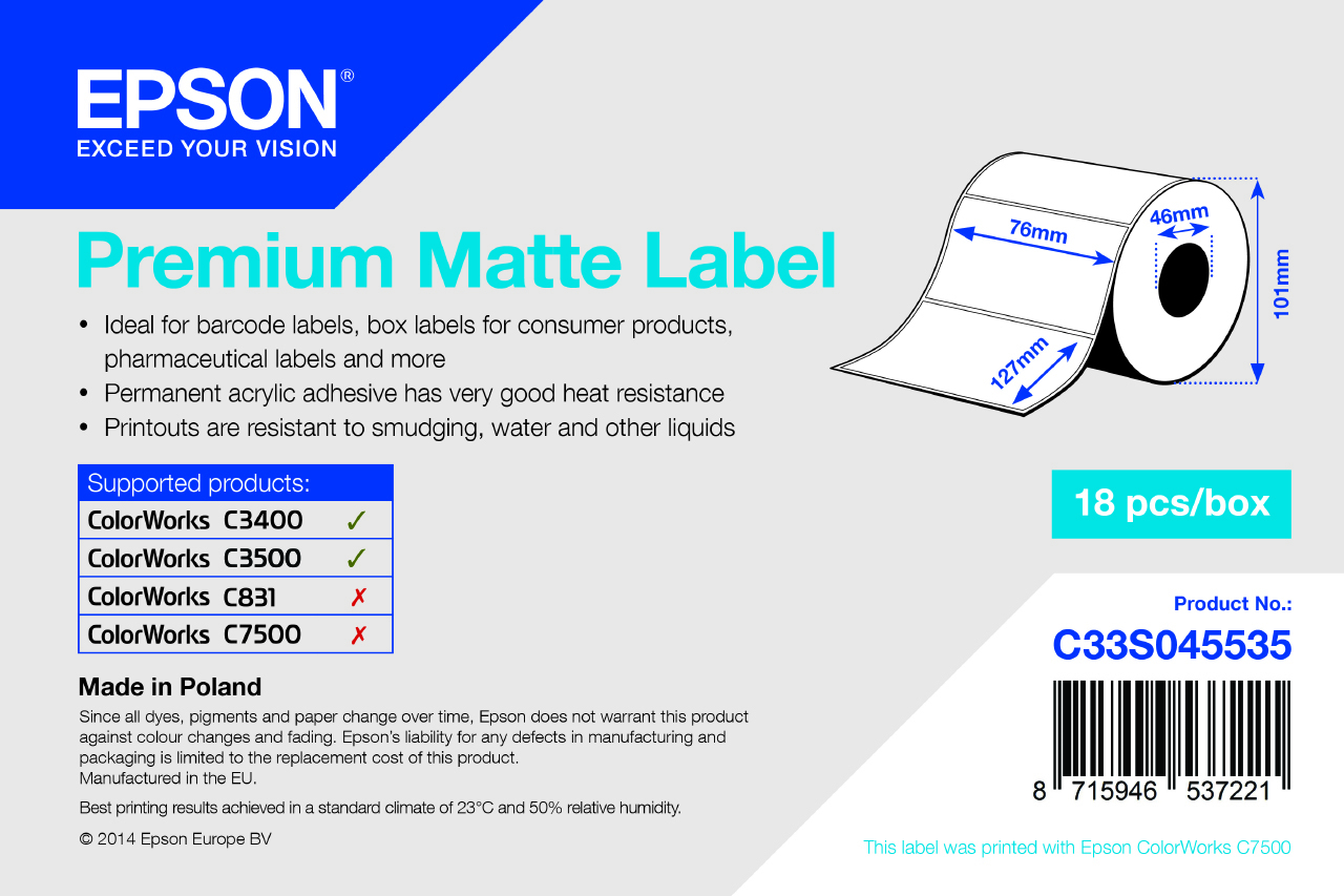 Epson Premium Matte Label - Die-cut Roll: 76mm x 127mm, 265 labels