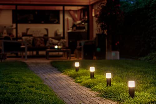 Xelloo Xelloo® tuinverlichtingsset JAX, 12 Volt, 4 stuks aluminium/PVC designarmaturen 1W LED warm wit met aardespies, IP44 en met schuifaansluiting, makkelijk en veilig zelf uw tuinverlichting installeren