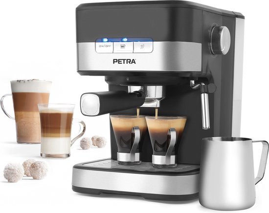Petra PT4623VDEEU7 Espresso Pro koffiezetapparaat, enkele of dubbele espresso, cappuccino en latte apparaat, Italiaanse drukpomp van 15 bar met melkopschuimer, geschikt voor gemalen koffie, 1.5L