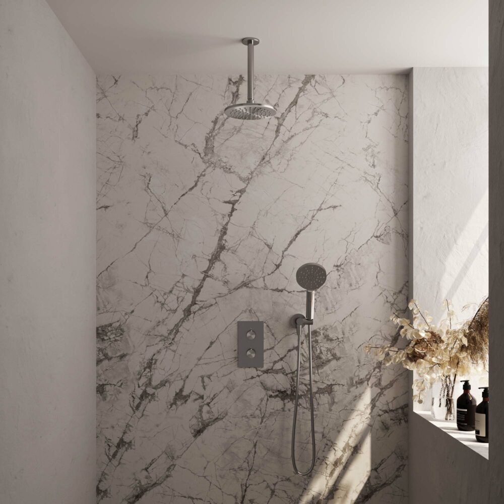 Brauer Brushed Carving thermostatische inbouw regendoucheset met 2-weg omstel 20cm plafondarm met 20cm ronde hoofddouche 3 standen ronde handdouche 150cm gladde doucheslang met aansluitbocht en handdouchehouder RVS geborsteld PVD 5-NG-131