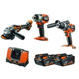 AEG JP18AA3-402B LK1 Borstelloze gereedschapsset 18 V slagboormachine, 125 mm 18 V schuurmachine, 2 x 4,0 Ah batterijen, oplader, opbergtas