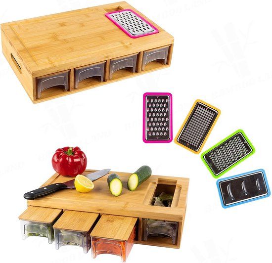TammaT Snijplank Hout - Bamboe Snijplank met Opvangbakken, Rasp & Stapelbare Bakjes