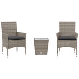 vidaXL 3-delige Bistroset met kussens, poly rattan en glas, grijs