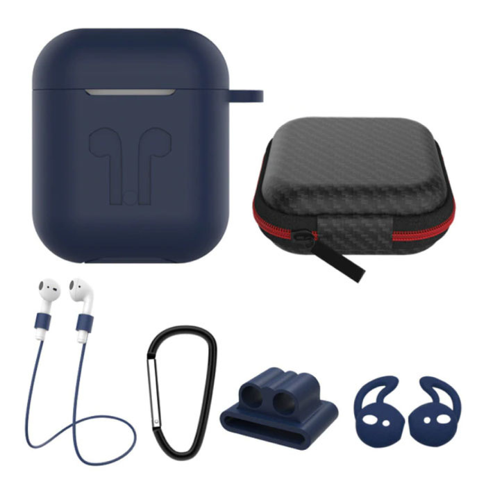 Stuff Certified 6 in 1 Kit voor AirPods 1 / 2 Blauw - Hoesje / Anti-Lost Strap / Karabijnhaak / Opbergdoosje / Draagband / 2x Stofkap