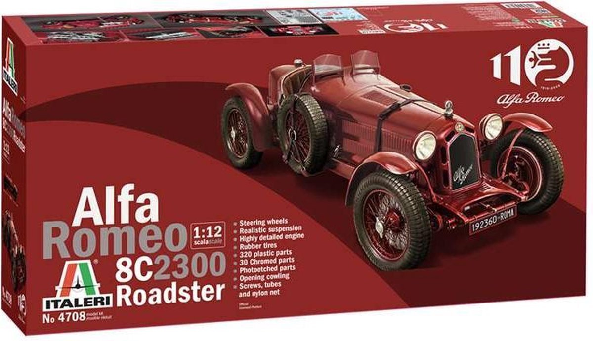Italeri 4708S 1:12 Alfa Romeo 8C/2300 1931-33, modelbouw, bouwpakket, standmodelbouw, knutselen, hobby, lijmen, plastic bouwpakket, rood