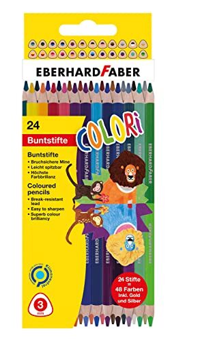 Eberhard Faber 514822 514822-Colori Duo kleurpotloden in 48 twee stiften en sterktes, in kartonnen etui, 24 onbreekbare kleurpotloden om te schilderen, te illustreren en te tekenen, verschillende