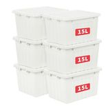 Cetomo 15L x 6 plastic opbergdoos, wit, draagtas, organiserende container met duurzaam deksel en veilige vergrendelende gespen, stapelbaar en nestbaar, 6 stuks, met gesp