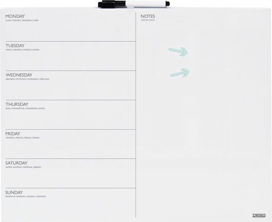 DESQ Weekplanner - Whiteboard 40 x 50 cm - Verticale indeling - Randloos - Magnetisch - Droog uitwisbaar - Wit