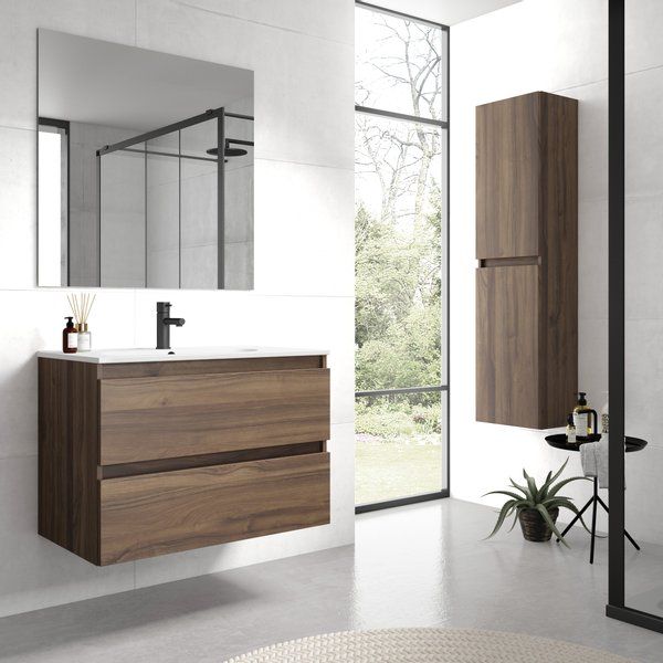 Adema Chaci badmeubelset 80x46x57cm met 2 lades greeploos met spiegel 1 keramische wasbak 1 kraangat Noten