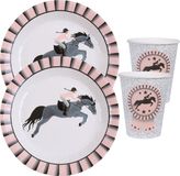 Santex Paarden feest wegwerp servies set - 10x bordjes / 10x bekers - grijs/roze