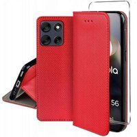 Motorola Housse pour Motorola Moto G56 5G - etui coque pochette portefeuille + verre trempe - ROUGE MAGNET