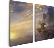 Artaza Canvas Schilderij Tweeluik Draak op een Rots bij Zonsondergang - 80x60 - Canvas Print
