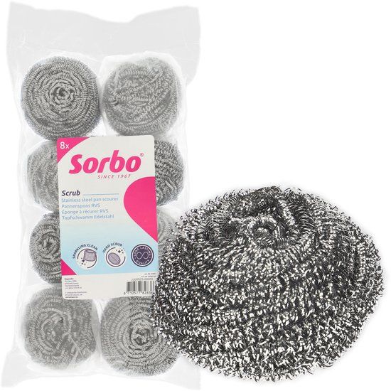 Sorbo Schuurspons Metaal - Set van 8 stuks - Extra Sterke RVS Schuursponsjes - Verwijdert hardnekkig vuil