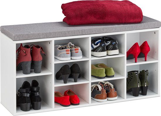 Relaxdays Schoenenkast met Zitkussen - 10 Vakken - Wit/Grijs