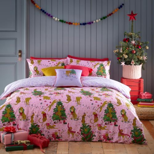 furn. Purrfect Kerst Dekbedovertrek Set - Dubbel - Roze/Lila
