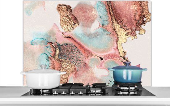 KitchenYeah Spatscherm keuken - 100x65 cm - Abstract - Pastel - Goud - Aluminium