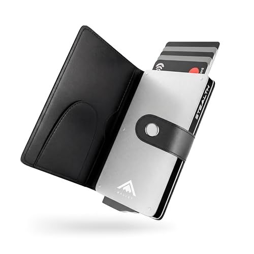 Stealth Wallet RFID Kaart Houder Portemonnee - Slimme Minimalistische Pop Up Portemonnees met Cadeaubox - Slanke Lichte Metalen Creditcardhouders voor Mannen (Zilver Aluminium, Zwart Leer, Geldclip)