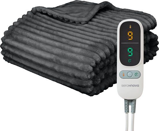 Seranova Elektrische Deken XXL - Extra Warmtedraden - Gestreept Model - 180x160 cm - 2 persoons Warmtedeken - Dubbelzijdig Fleece - Grijs