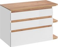 Shining Meuble sous lavabo, 90 cm, blanc avec décor chêne et détails dorés, 3 tiroirs