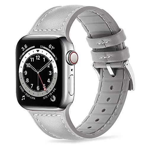 Tasikar Compatibel met Apple Watch Strap 42mm 44mm, Lederen met Zachte Siliconen Hybrid Design Sport Vervanging Band Compatibel met Apple Horloge SE Serie 6 5 4 3 2 1- (42mm 44mm, Grijs)
