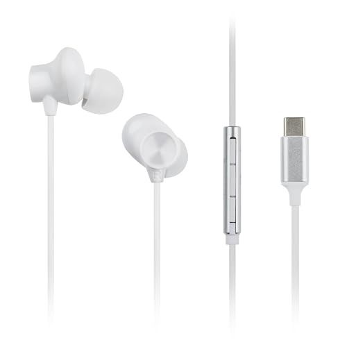 Panasonic RP-TCM225DEW USB-C oortelefoon, in-ear oordopjes, bedrade hoofdtelefoon met ingebouwde microfoon en afstandsbediening, krachtige bas, aanpasbare pasvorm, 1,2 m kabel, wit