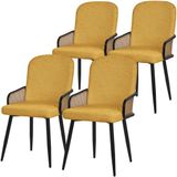 ML-Design Eetkamerstoelen Set van 4 Mosterd Gestoffeerd Stoffen Bekleding Keukenstoelen met Armleuningen Rotanlook Comfortabele Ergonomische Eetkamer Fauteuils Metalen Poten Lounge Accentstoelen