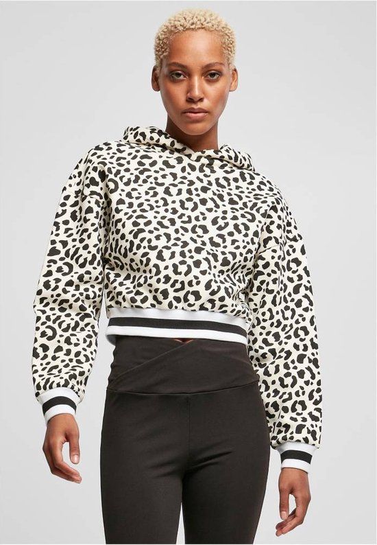 Urban Classics Ladies Short AOP College Hoodie - White/Black - 5XL
