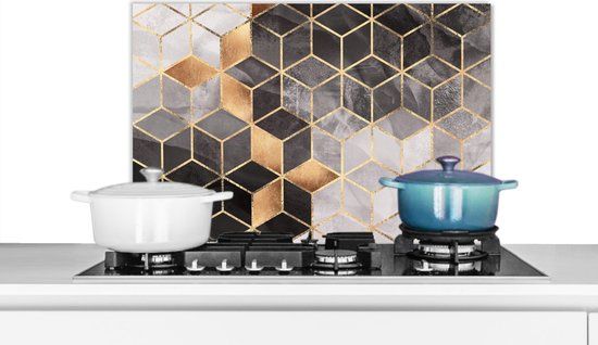 KitchenYeah Spatscherm keuken - Luxe - Kubus - Vorm - Patronen - Goud - Abstract - 70x50 cm