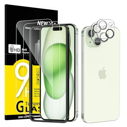 NEW'C Set van 4, 2 x Screen Protector voor iPhone 15 Plus (6,7 Inch) en 2 x Camera Lens Protector
