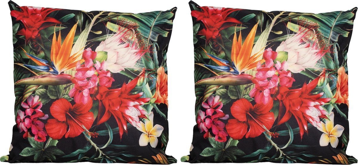 Anna's Collection 2x Bank/sier kussens donkergroen voor binnen en buiten tropische bloemen print 45 x 45 cm - Tropische tuin/huis kussens