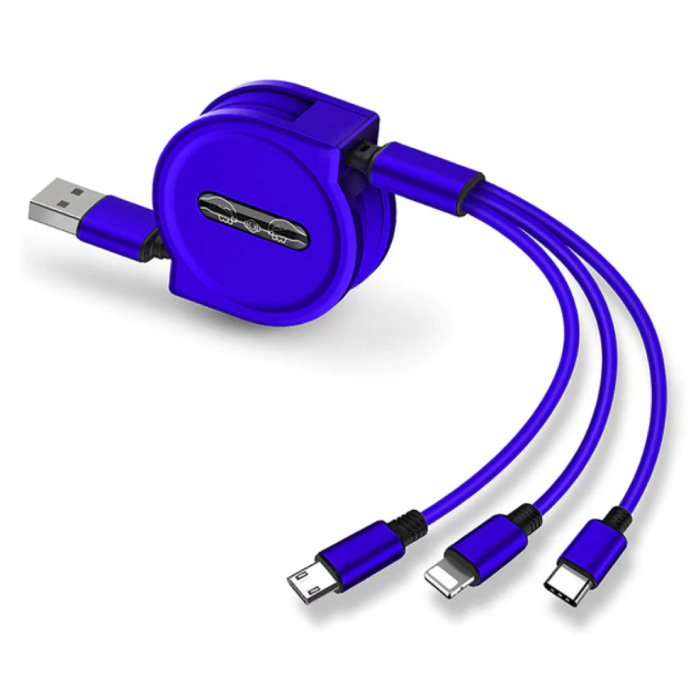 Ilano Ilano 3 in 1 Intrekbare Oplaadkabel - iPhone Lightning / USB-C / Micro-USB - 1.2 Meter Oplader Spiral Data Kabel Blauw