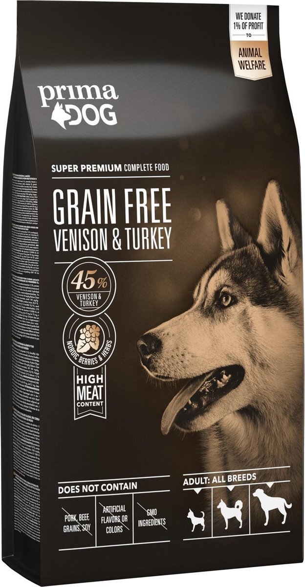 PrimaDog Adult - Graanvrij Hondenvoer - Hert & kalkoen - 10 kg