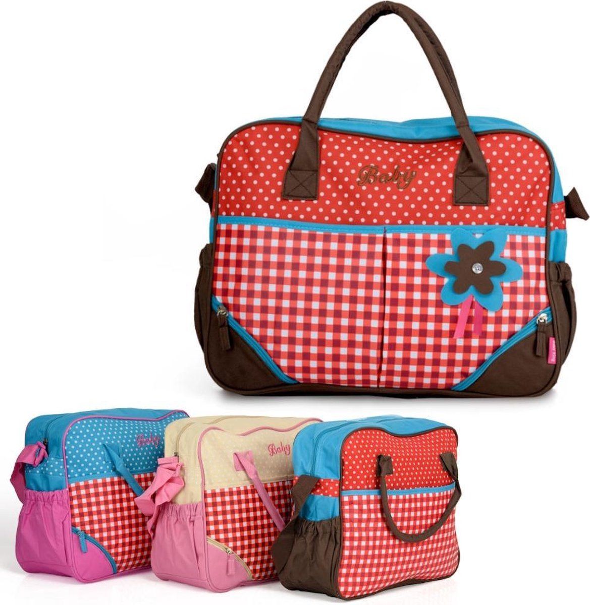 Decopatent Luiertas - Baby Verzorgingstas Incl. Verschoningsmatje - Flessenhouder - Schoudertas - Blauw/Rood/Bruin