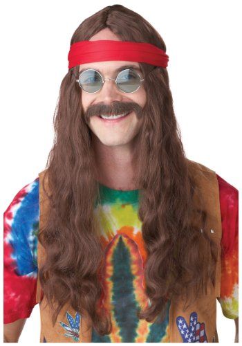 Vegaoo Hippie Pruik met Snor voor Volwassenen - Bruin - Lang Haar - Vegaoo