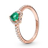 Pandora Timeless Heart 14-karaats rosévergulde ring met groen kristal en heldere zirkoniasteentjes, 60