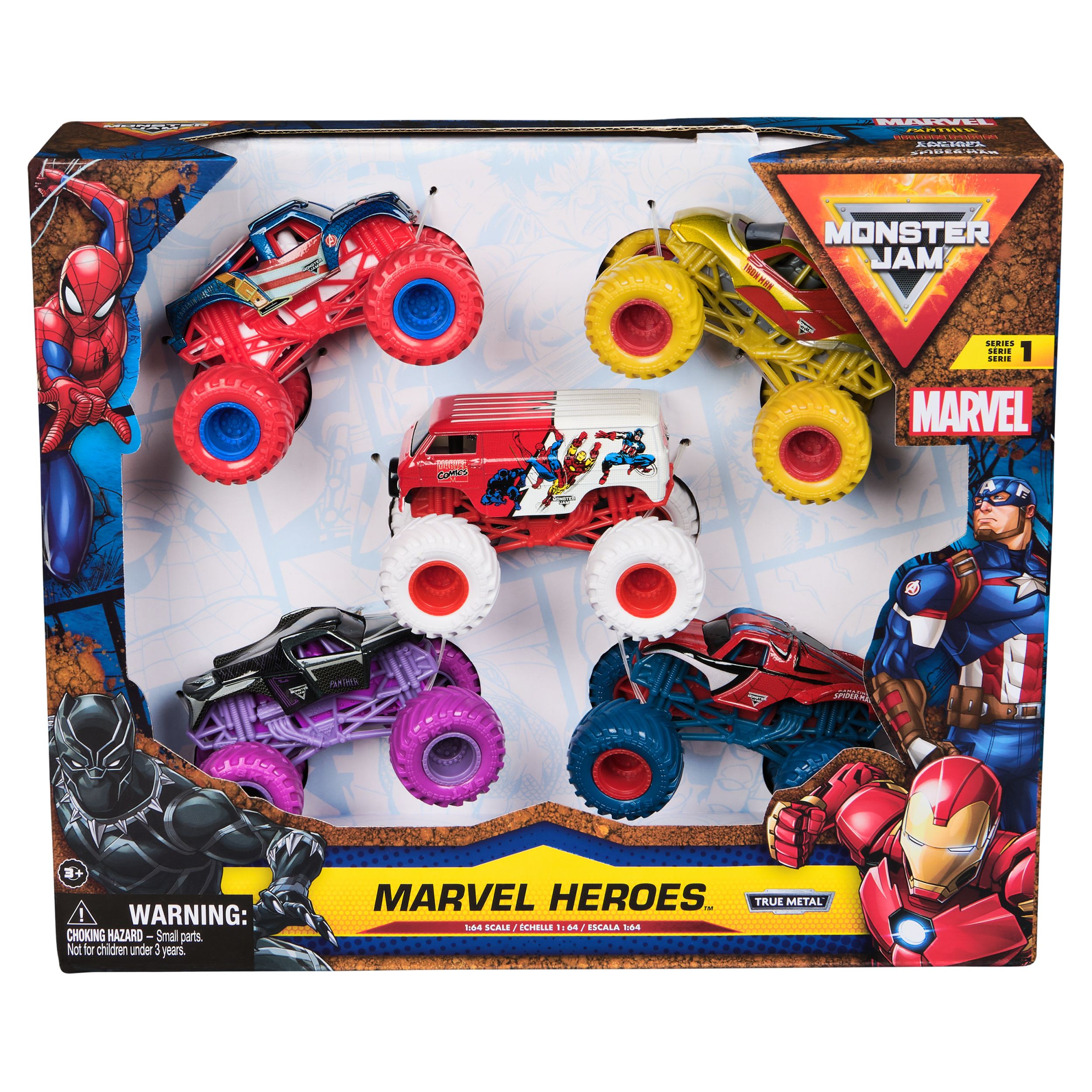 Spin Master Monster Jam Marvel Heroes 5-pack - Spider-Man, Black Panther, Iron Man, Captain America - Metalen voertuigen