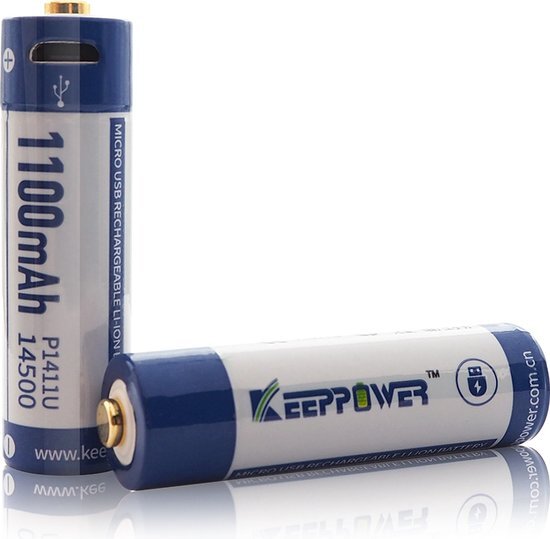 Li-ion batterij Keeppower 14500 - 1100mAh 3,7V - 3,6V met USB-oplaadmogelijkheid en PCB P1411U