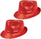 Boland Carnaval verkleed trilby hoedje - 2x stuks - pailletten - Rood - volwassenen
