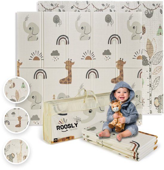 Roosly Speelmat Baby - Speelkleed Baby - Inclusief Opbergtas - babygym - kruipmat - playmat - Dubbelzijdig en opvouwbare Foam XPE 180 x 200 cm - speelgoed - Veilig & Zacht - model Safari