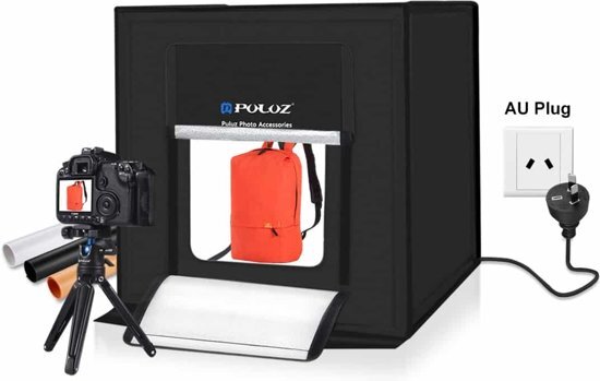 - PULUZ Photo Studio Light Box Portable 60 x 60 x 60 cm Light Tent LED 5500K Mini 60W Photography Studio Tent Kit met 3 verwijderbare achtergrond (Black Orange White